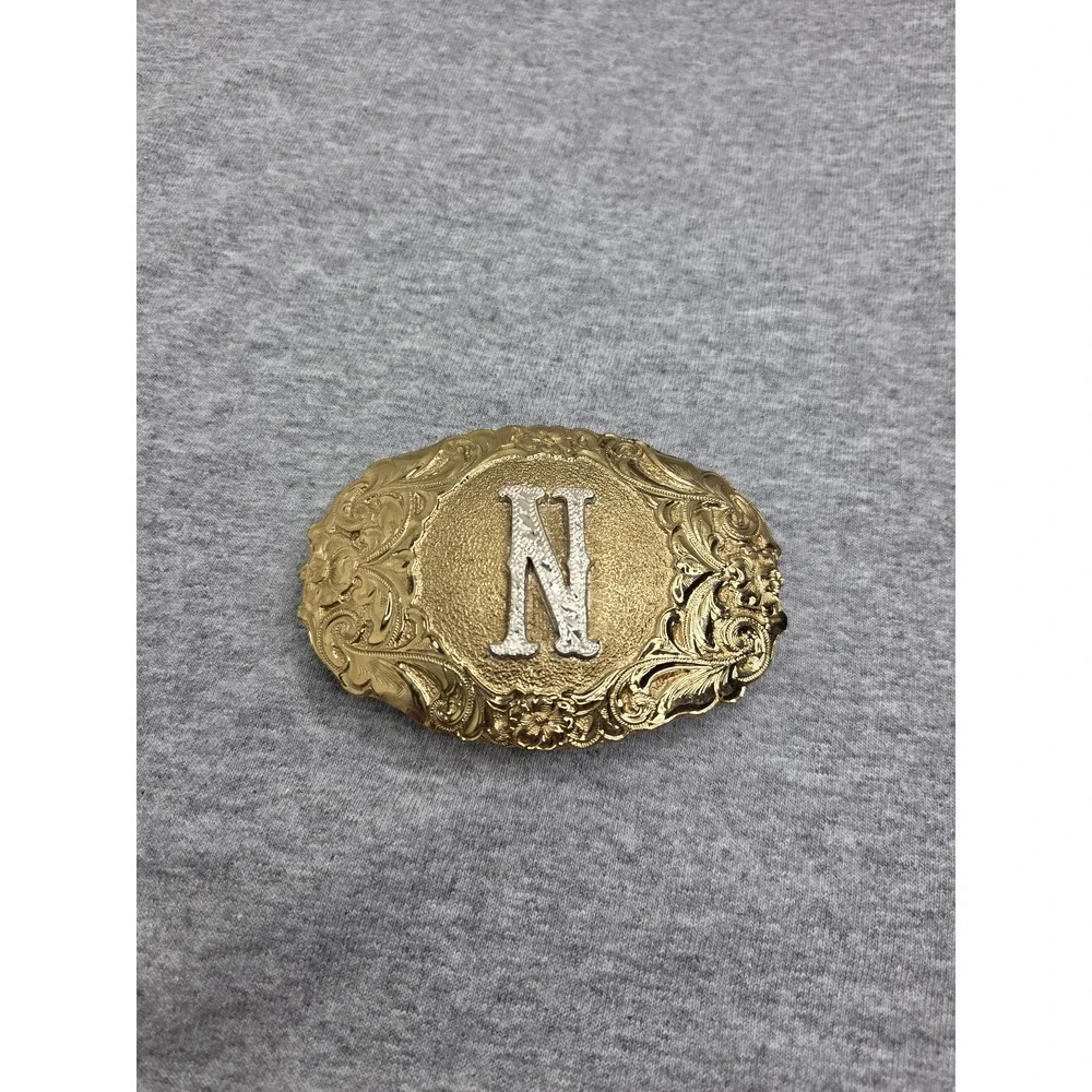 Rare Antique Crumrine Initial N Gold Silver Belt Buckle